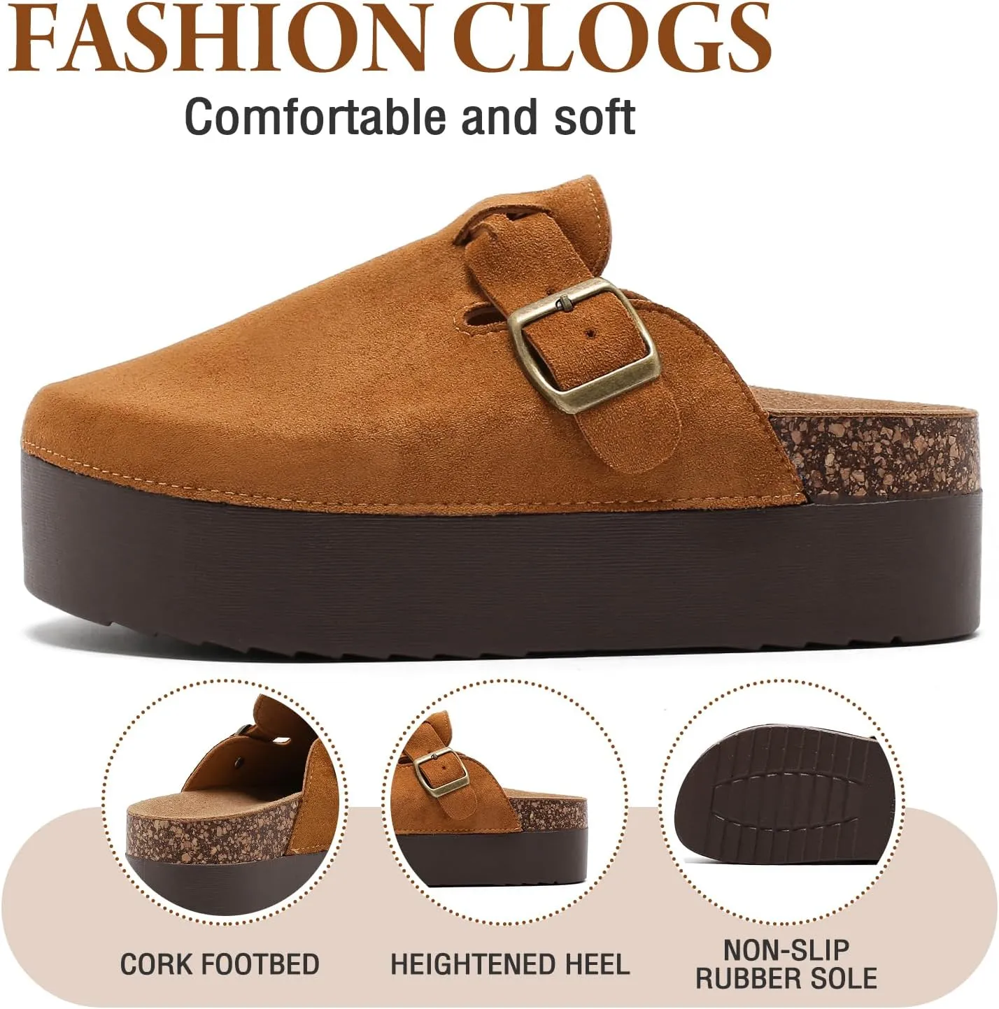 Suede Platform Clogs Women, Closed Toe Slippers Slides Sandals, Potato Shoes with Adjustable Buckle, Non Slip On Mules