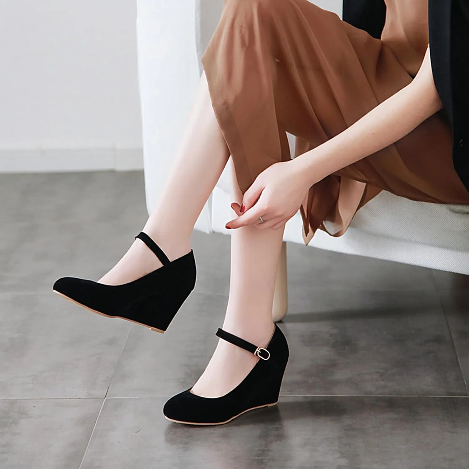 Suede Wedges Womens Ankle Strap Mary Jane Court Shoes