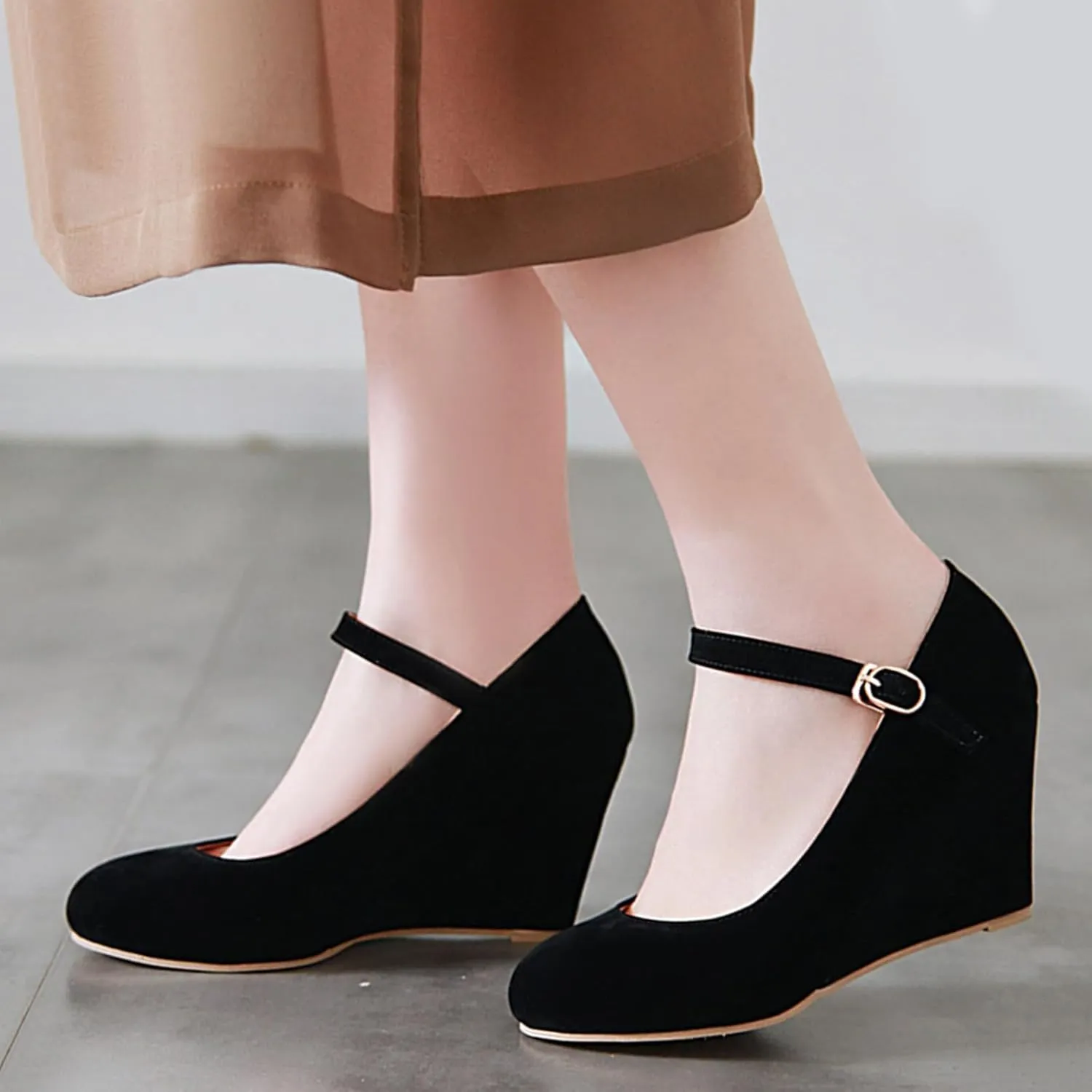 Suede Wedges Womens Ankle Strap Mary Jane Court Shoes