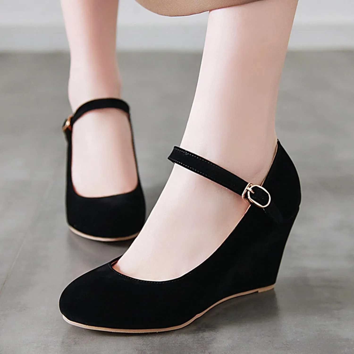Suede Wedges Womens Ankle Strap Mary Jane Court Shoes