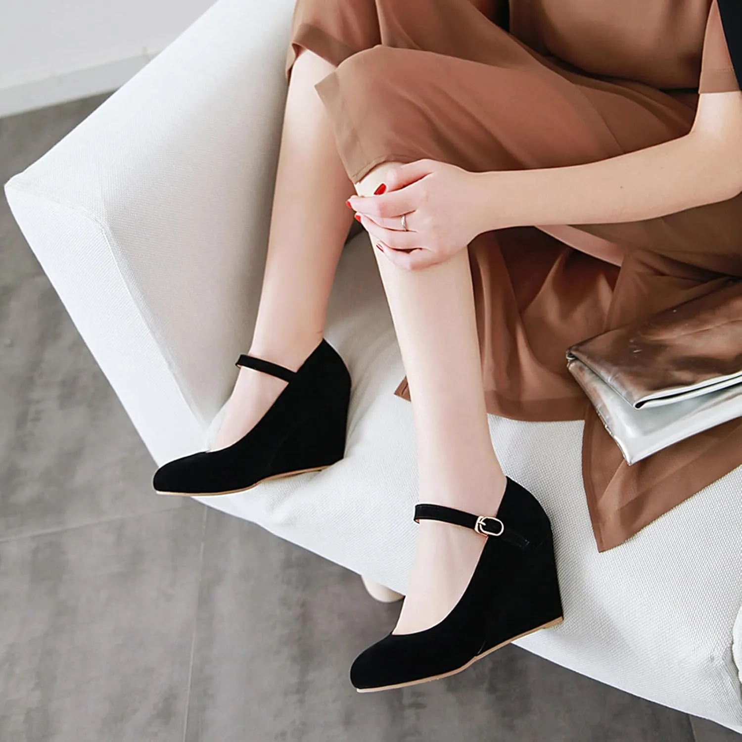 Suede Wedges Womens Ankle Strap Mary Jane Court Shoes