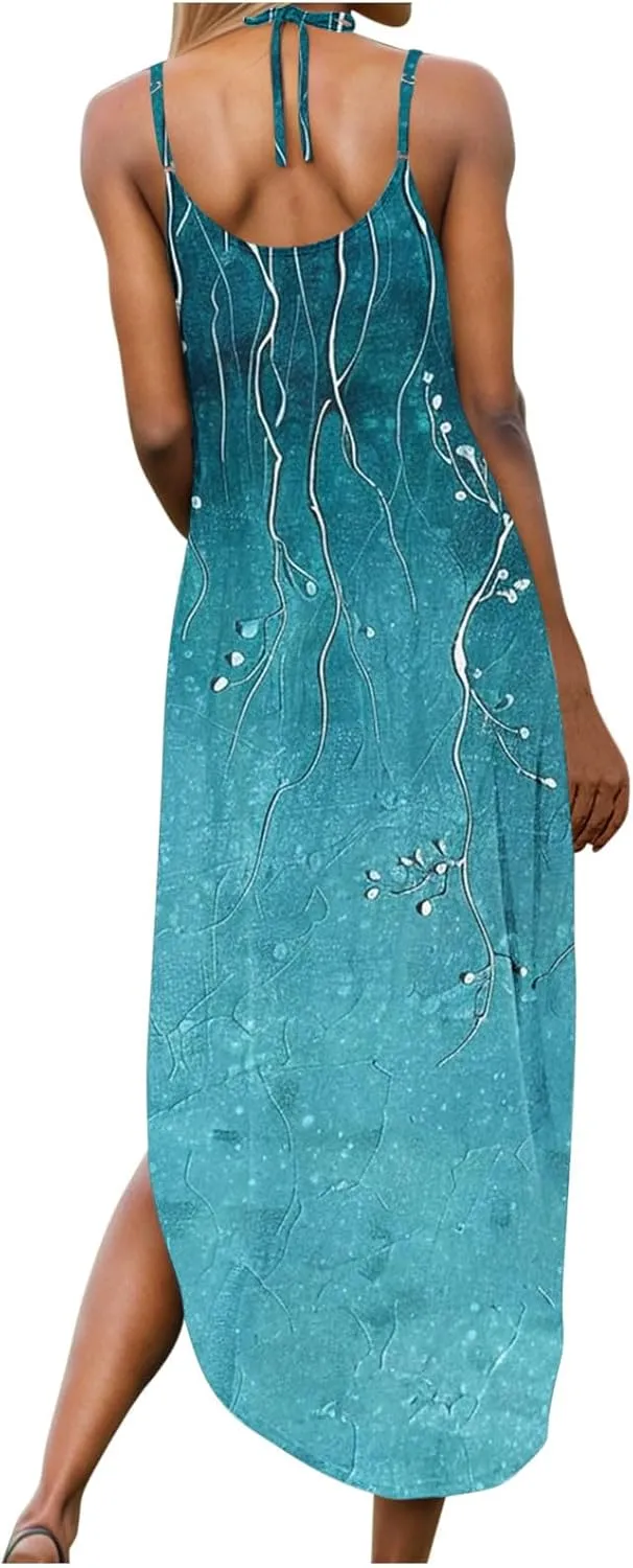 Summer Maxi Long Dresses for Women 2025 Sexy Spaghetti Strap v Neck Split Dress Casual Beach Sundress Vacation Outfits