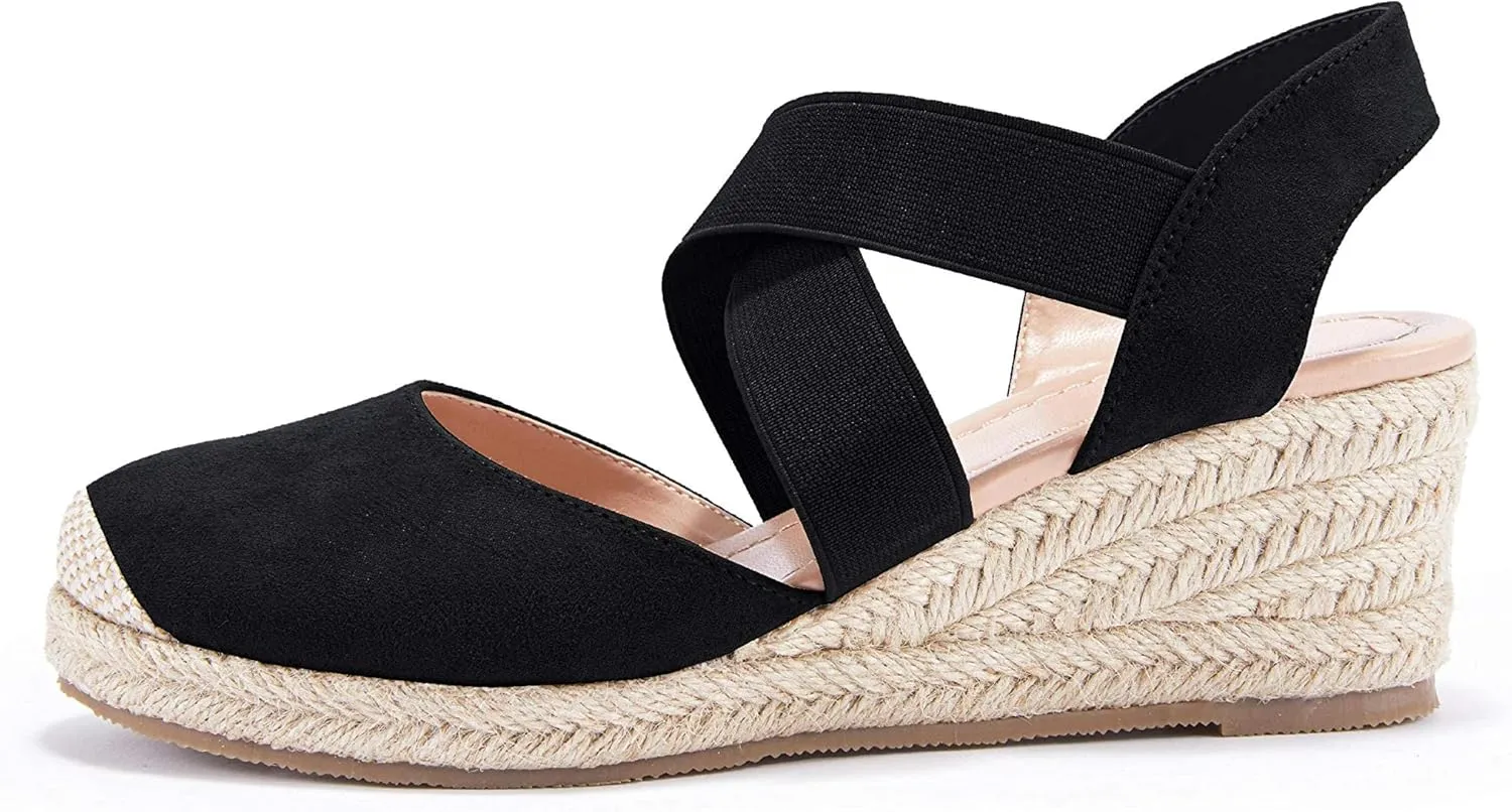 Syktkmx Womens Espadrille Platform Elastic Strappy Closed Toe Wedge Criss Cross Mid Heel Sandals