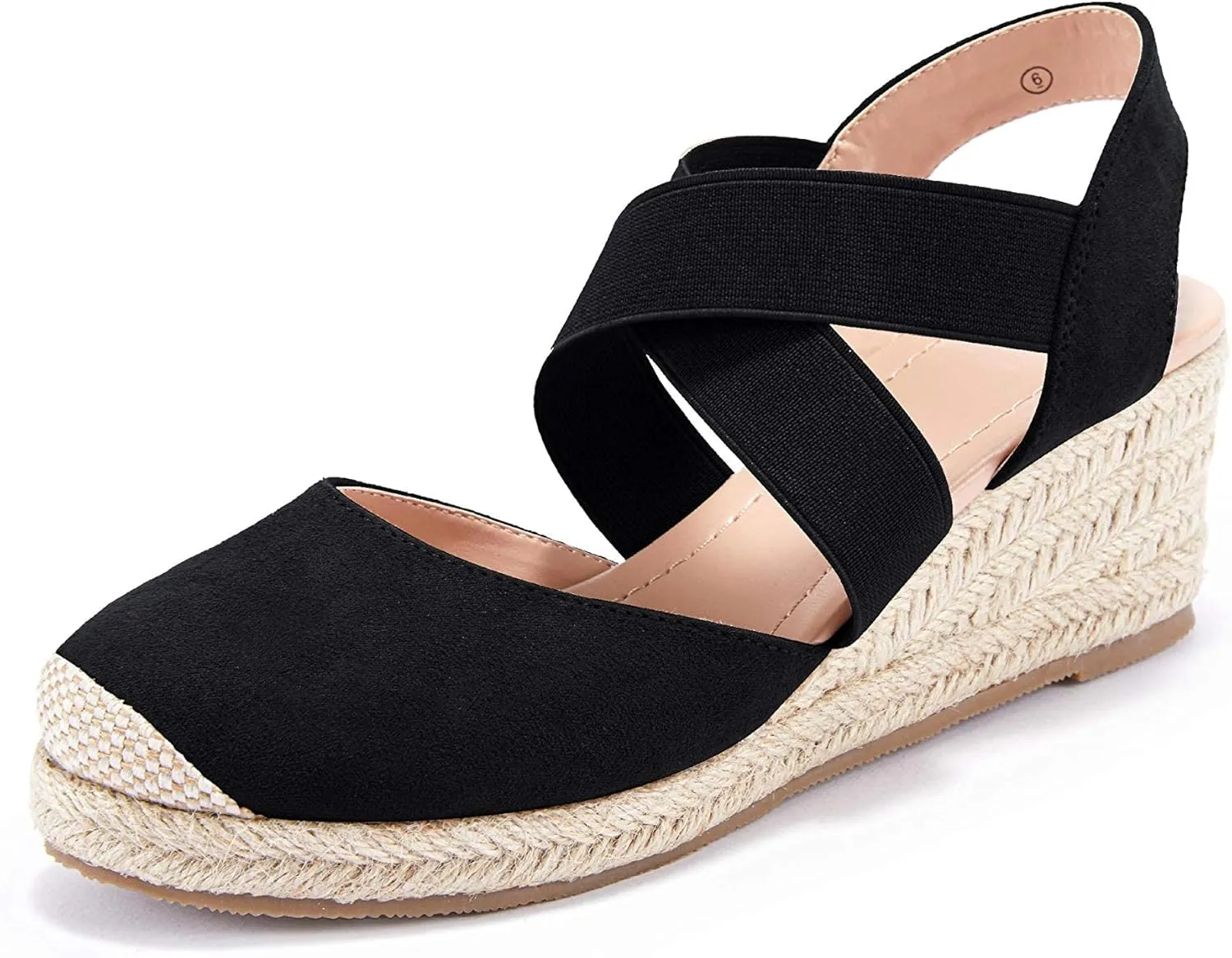 Syktkmx Womens Espadrille Platform Elastic Strappy Closed Toe Wedge Criss Cross Mid Heel Sandals