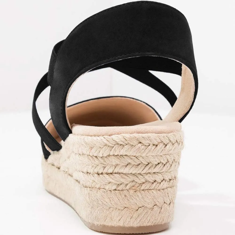 Syktkmx Womens Espadrille Platform Elastic Strappy Closed Toe Wedge Criss Cross Mid Heel Sandals