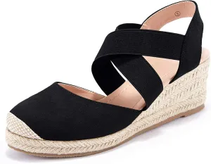 Syktkmx Womens Espadrille Platform Elastic Strappy Closed Toe Wedge Criss Cross Mid Heel Sandals