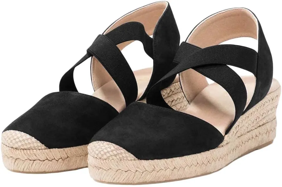 Syktkmx Womens Espadrille Platform Elastic Strappy Closed Toe Wedge Criss Cross Mid Heel Sandals