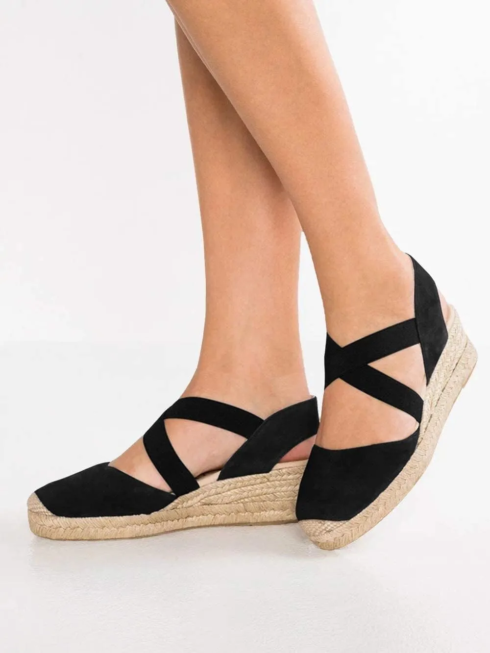 Syktkmx Womens Espadrille Platform Elastic Strappy Closed Toe Wedge Criss Cross Mid Heel Sandals