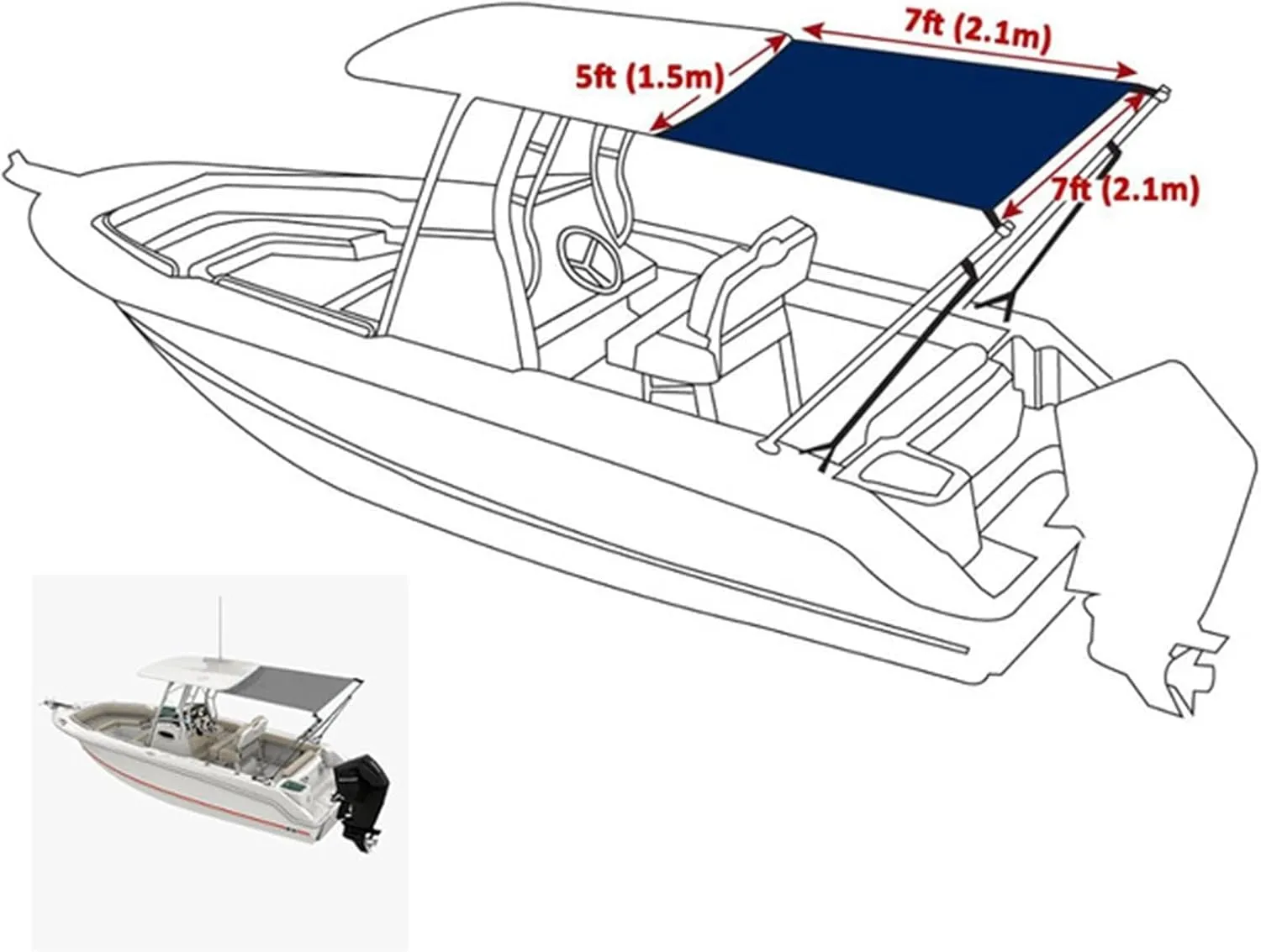 T-Top Boat Shade Stern Shade Extension Kit Stainless Still Boat-Cover Shade Top Canopy Water Sun Proof UV Protection (Color : 2.1x2.1x1.5m Blue)