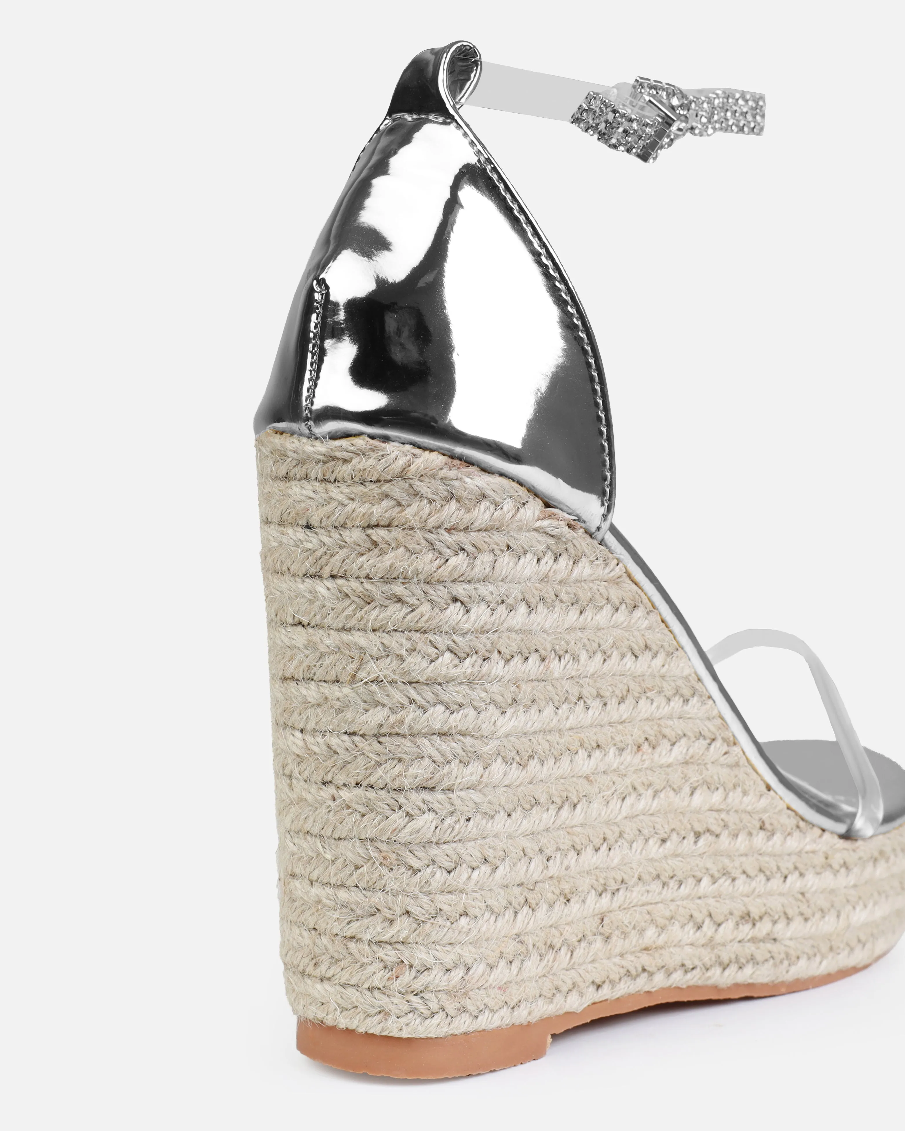 Tasha Ghouri Cove Silver Clear Diamante Wedges