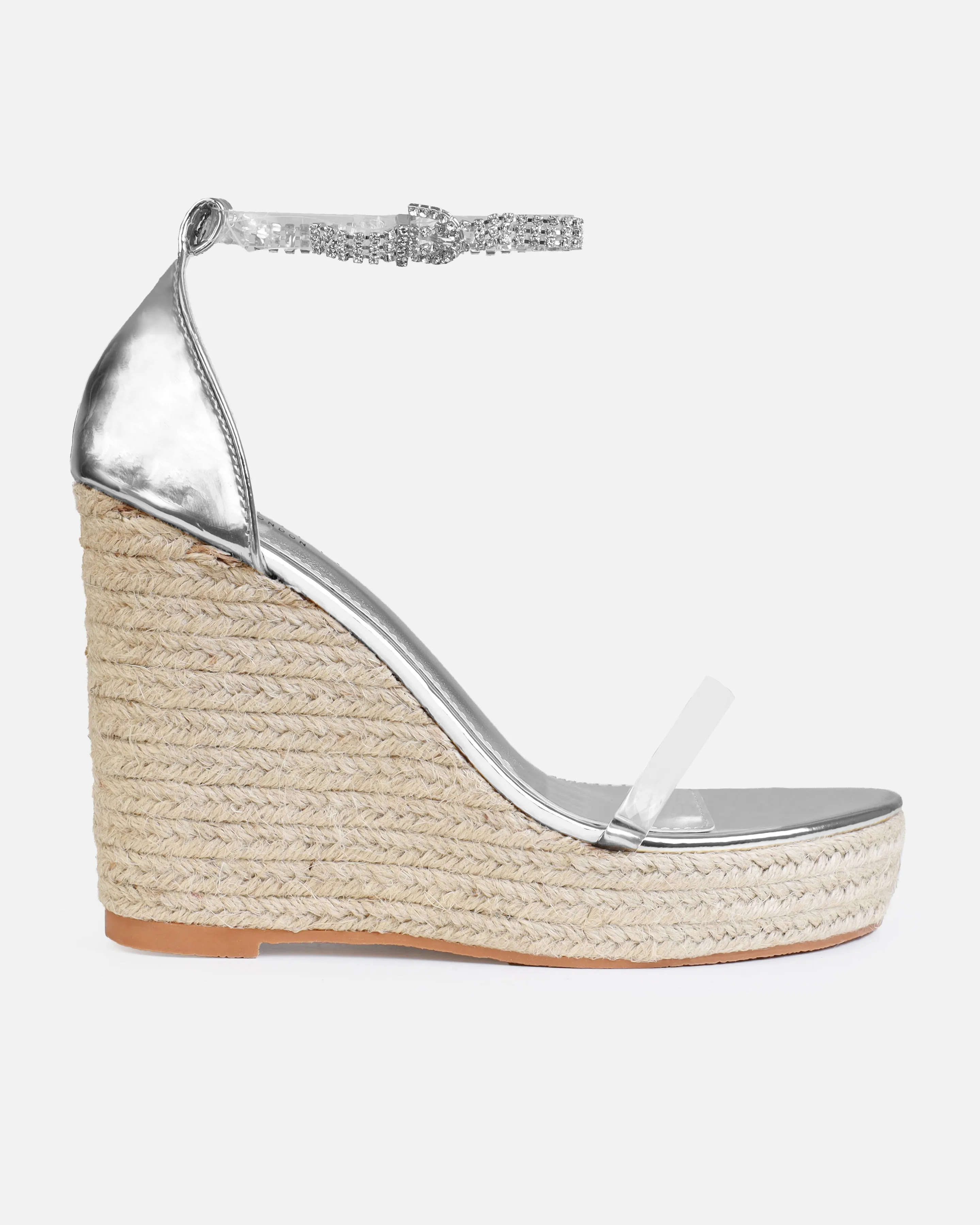 Tasha Ghouri Cove Silver Clear Diamante Wedges