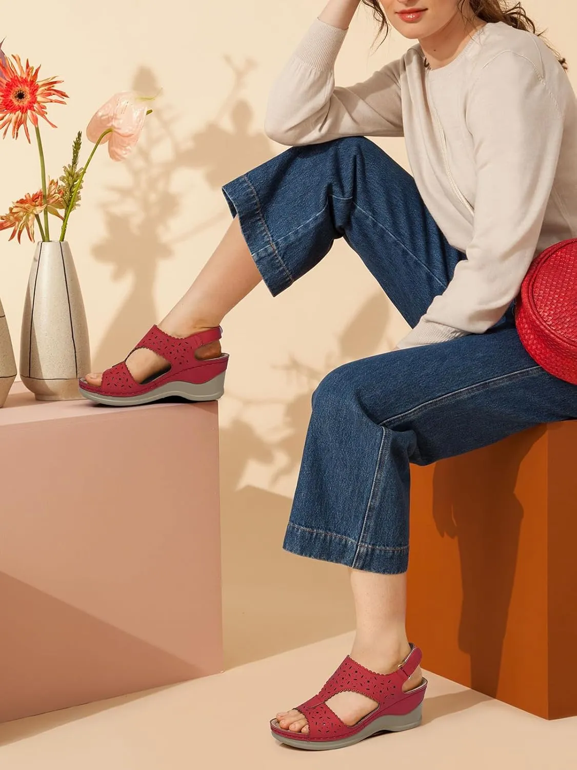 TEMOFON Womens Sandals Wedge Platform: Summer Ankle Strap Open Toe Wedge - Dressy Sandals Women - Comfortable Walking Low Sandal
