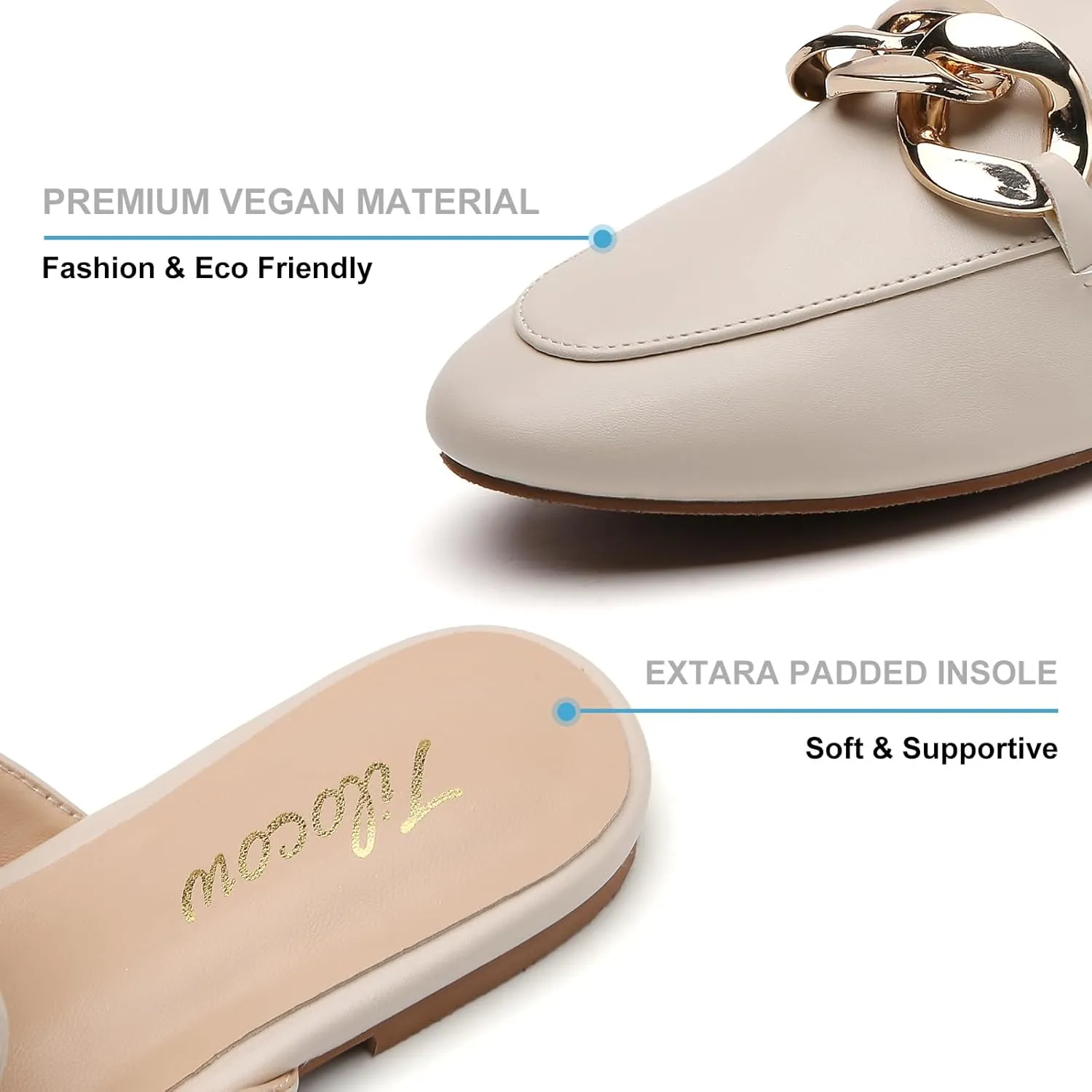 Tilocow Metal Chain Decor Flat Mules for Women Closed Round Toe Slip on Loafers Slides Backless Mules Flats