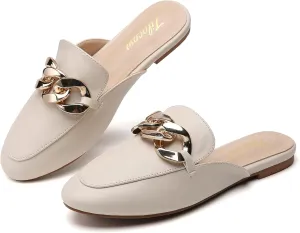Tilocow Metal Chain Decor Flat Mules for Women Closed Round Toe Slip on Loafers Slides Backless Mules Flats