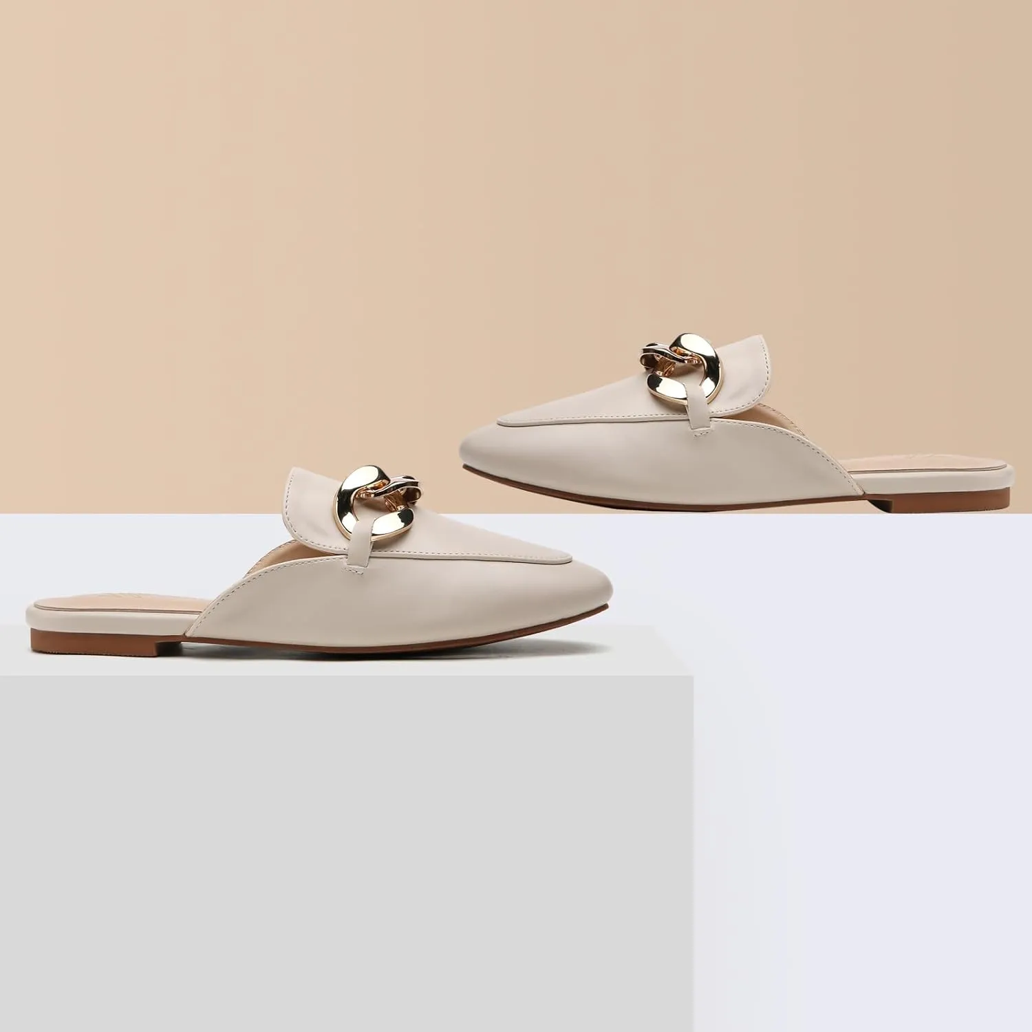 Tilocow Metal Chain Decor Flat Mules for Women Closed Round Toe Slip on Loafers Slides Backless Mules Flats