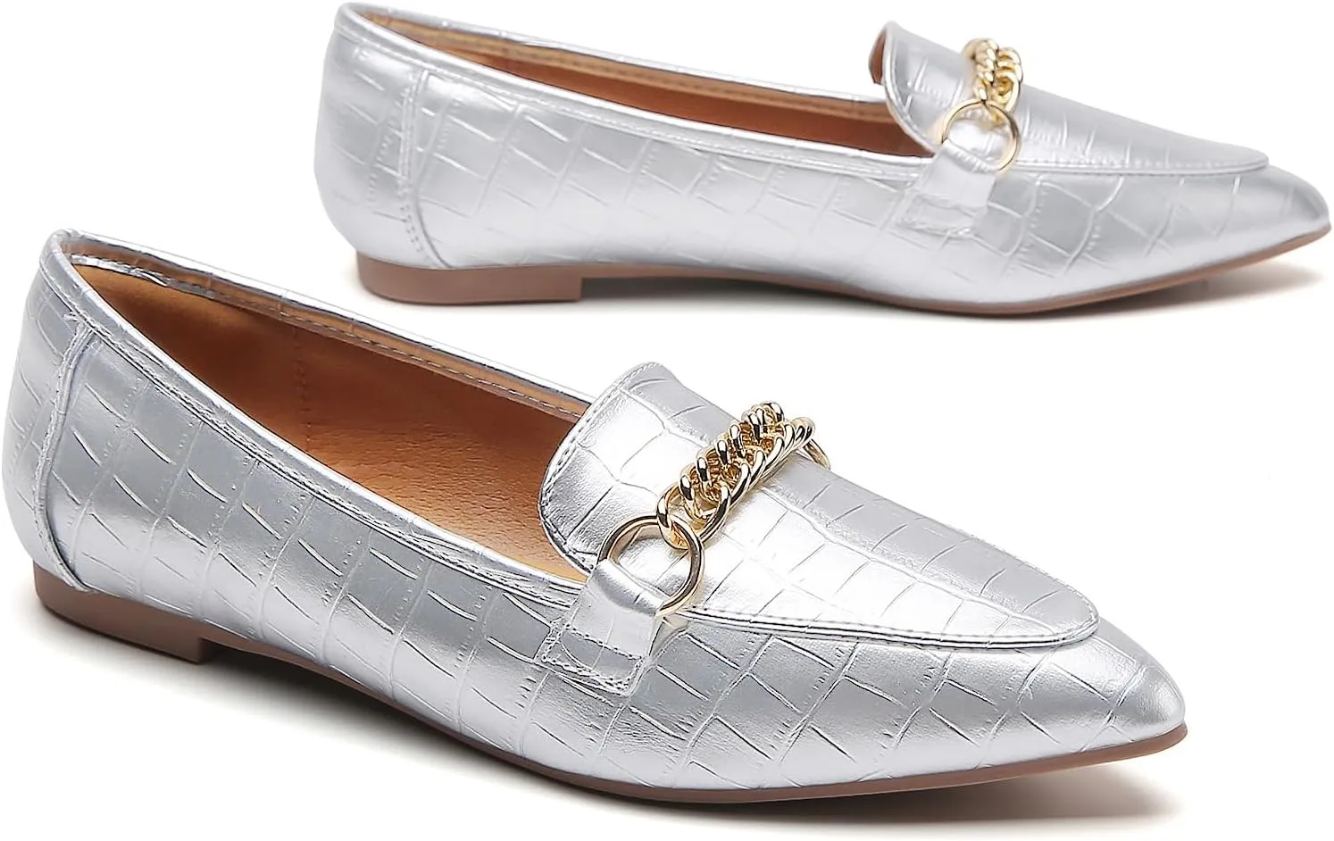 Tilocow Metal Chain Loafers for Women Pointed Toe Slip on Flats Comfortable Fashion Work Shoes