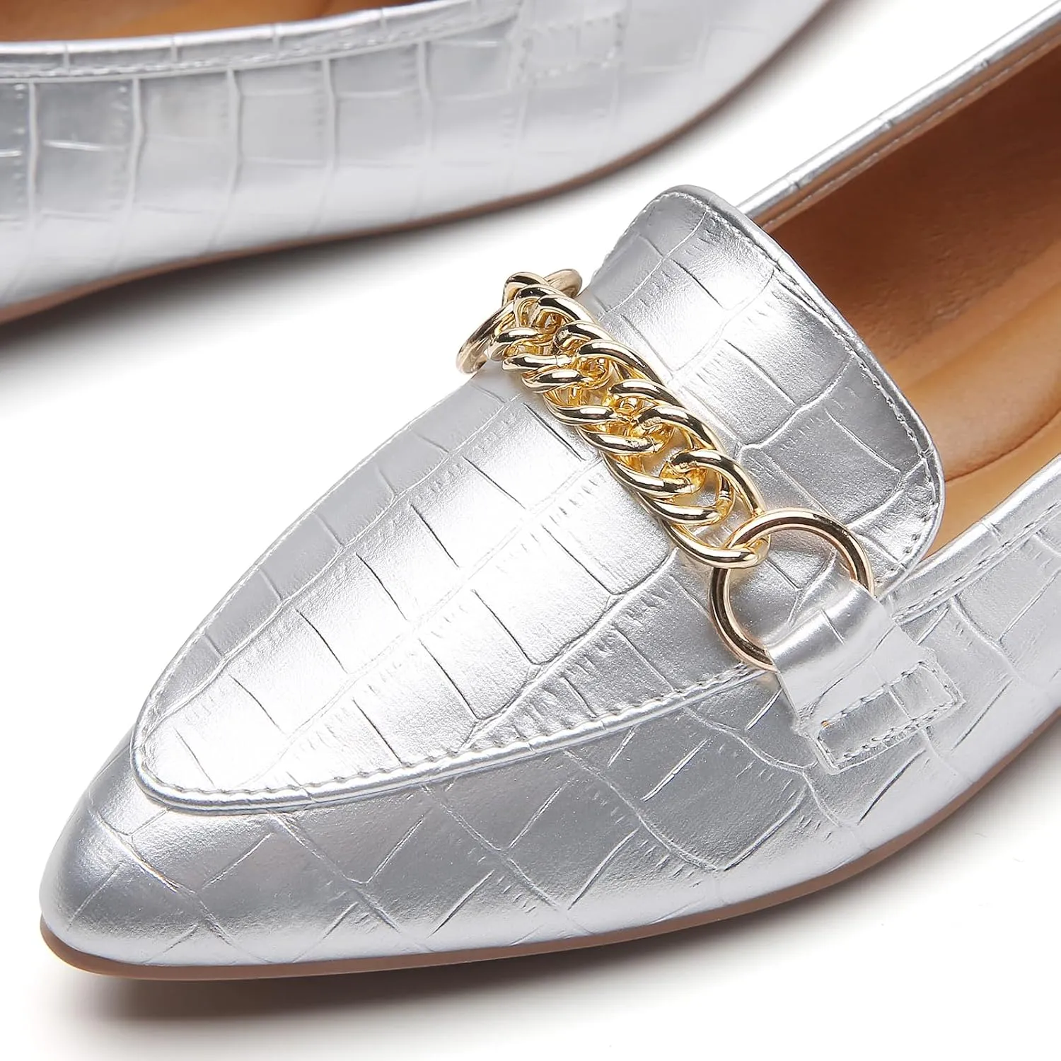 Tilocow Metal Chain Loafers for Women Pointed Toe Slip on Flats Comfortable Fashion Work Shoes