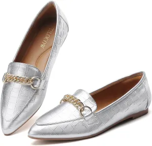 Tilocow Metal Chain Loafers for Women Pointed Toe Slip on Flats Comfortable Fashion Work Shoes