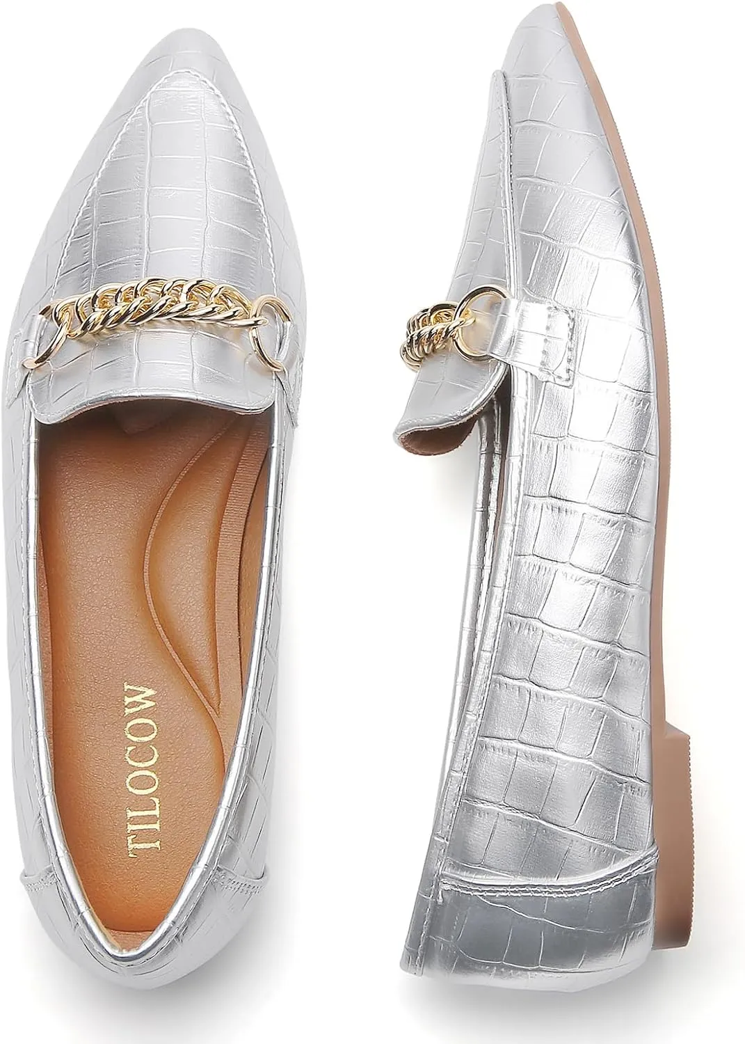 Tilocow Metal Chain Loafers for Women Pointed Toe Slip on Flats Comfortable Fashion Work Shoes