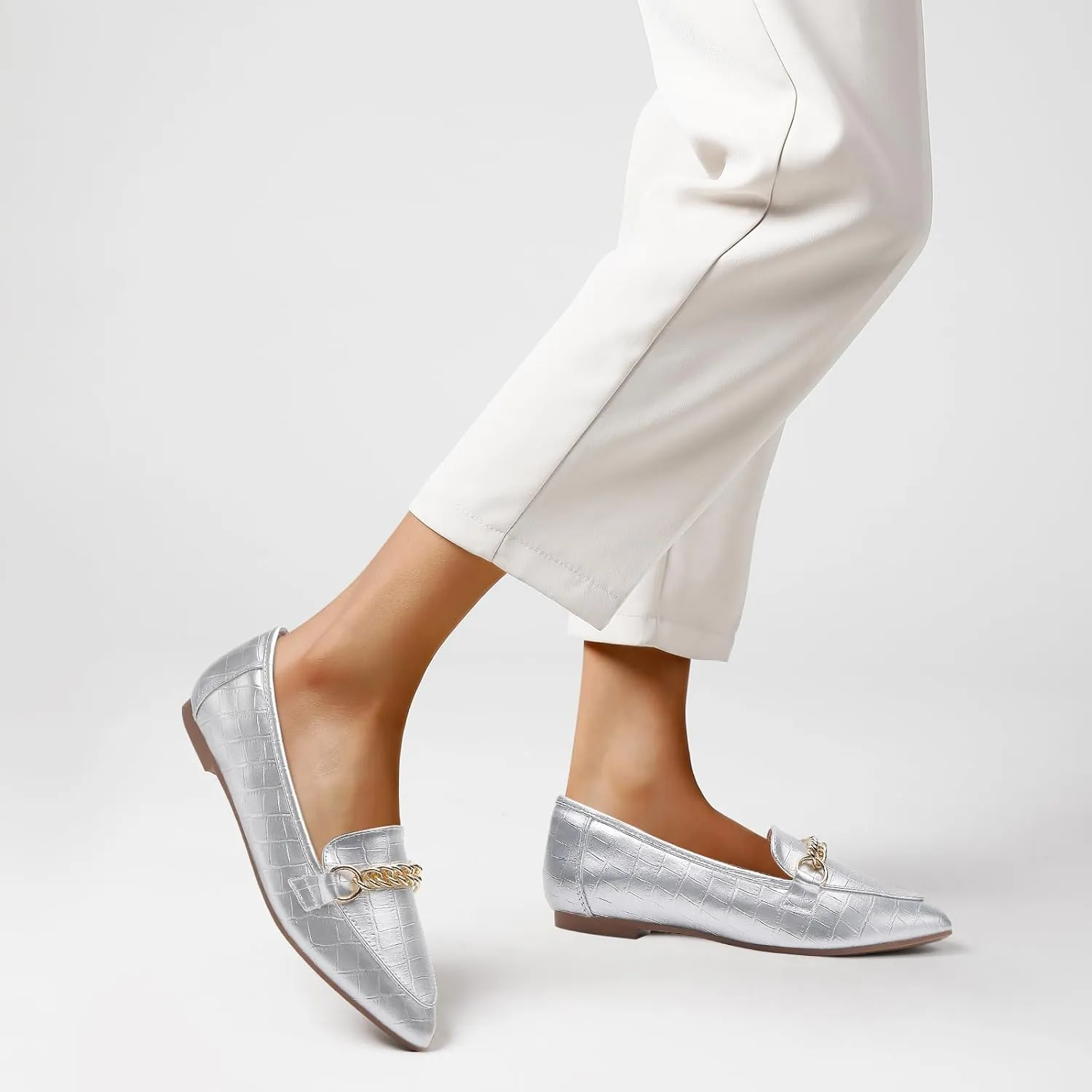 Tilocow Metal Chain Loafers for Women Pointed Toe Slip on Flats Comfortable Fashion Work Shoes