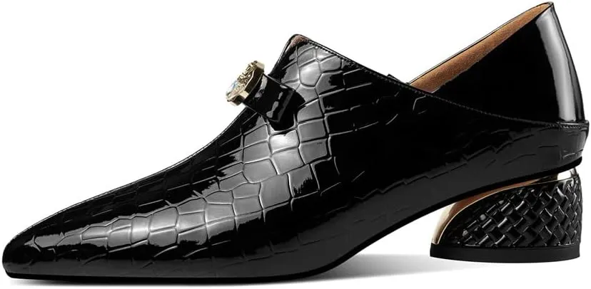 TinaCus Glossy Patent Leather Pointed Toe Handmade Bowknot Low Chunky Heels Side Zip Women's Casual Loafer Shoes