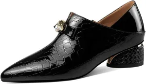 TinaCus Glossy Patent Leather Pointed Toe Handmade Bowknot Low Chunky Heels Side Zip Women's Casual Loafer Shoes