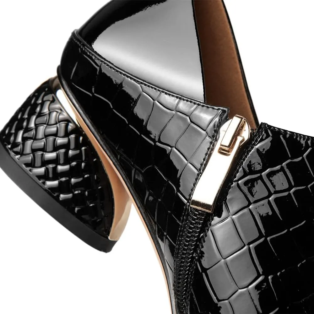 TinaCus Glossy Patent Leather Pointed Toe Handmade Bowknot Low Chunky Heels Side Zip Women's Casual Loafer Shoes