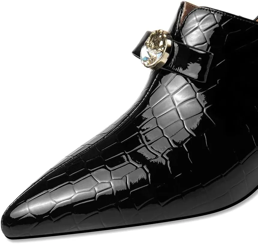 TinaCus Glossy Patent Leather Pointed Toe Handmade Bowknot Low Chunky Heels Side Zip Women's Casual Loafer Shoes