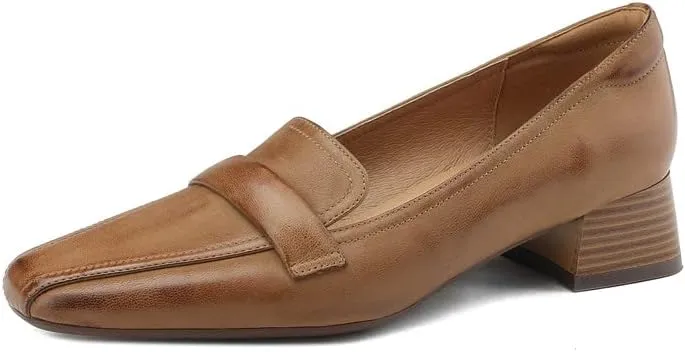 TinaCus Pointed Toe Genuine Leather Handmade Low Chunky Heels Slip On Women's Casual Loafer Shoes