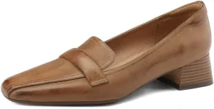 TinaCus Pointed Toe Genuine Leather Handmade Low Chunky Heels Slip On Women's Casual Loafer Shoes