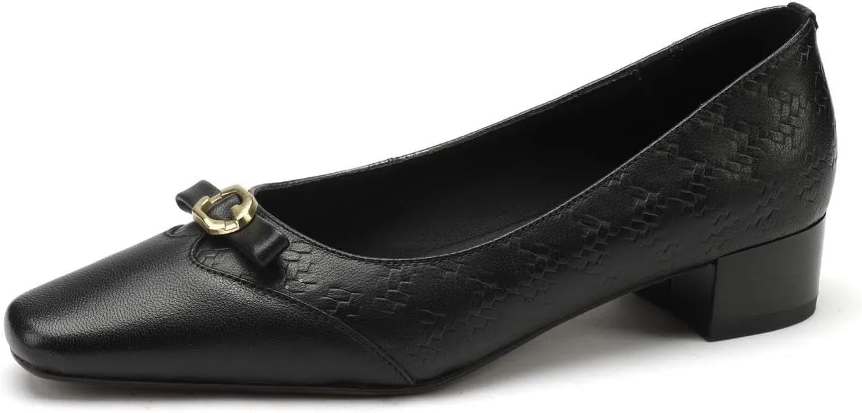 TinaCus Women's Genuine Leather Handmade Embossing Decorated Buckle Slip On Square Toe Office Pumps Shoes