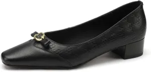 TinaCus Women's Genuine Leather Handmade Embossing Decorated Buckle Slip On Square Toe Office Pumps Shoes