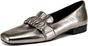 TinaCus Women's Genuine Leather Square Toe Plitated Slip-on Handmade Chunky Heel Loafers Flats