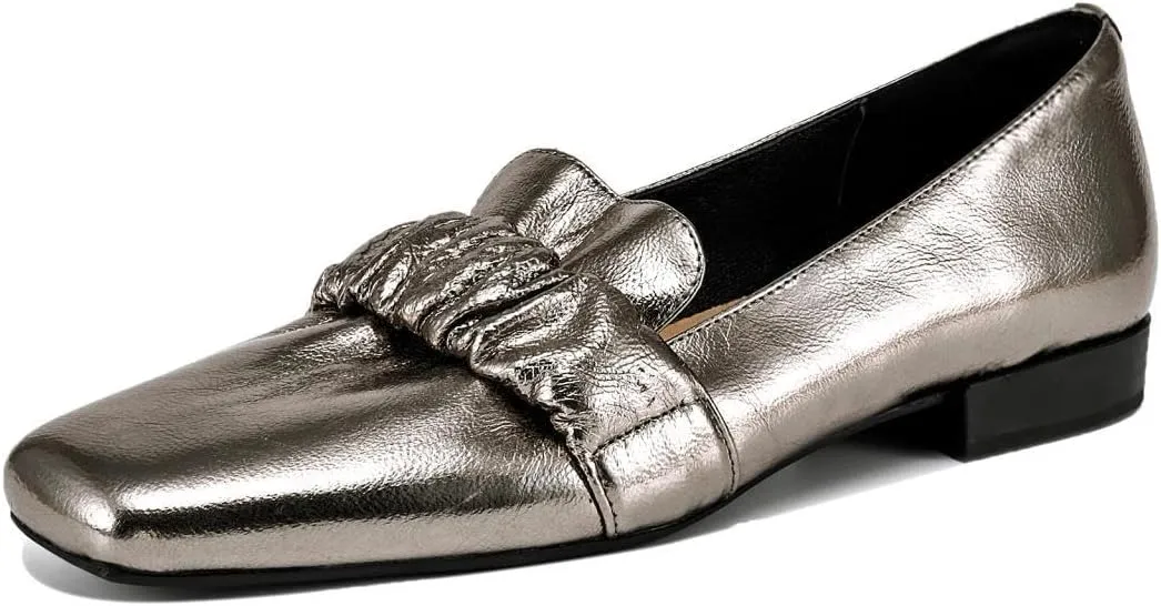 TinaCus Women's Genuine Leather Square Toe Plitated Slip-on Handmade Chunky Heel Loafers Flats