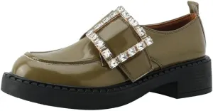 TinaCus Women's Round Toe Genuine Leather Handmade Rhinestones Buckle Low Chunky Heels Stylish Loafers Shoes