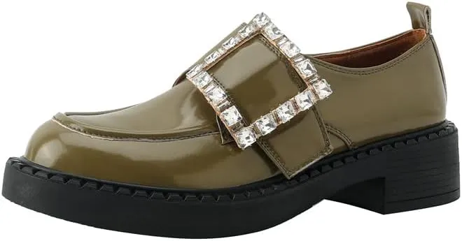 TinaCus Women's Round Toe Genuine Leather Handmade Rhinestones Buckle Low Chunky Heels Stylish Loafers Shoes