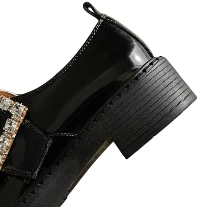 TinaCus Women's Round Toe Genuine Leather Handmade Rhinestones Buckle Low Chunky Heels Stylish Loafers Shoes