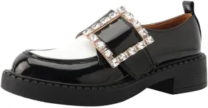 TinaCus Women's Round Toe Genuine Leather Handmade Rhinestones Buckle Low Chunky Heels Stylish Loafers Shoes
