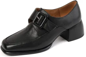TinaCus Women's Square Toe Genuine Leather Handmade Buckle Low Chunky Heels Retro Loafer Shoes