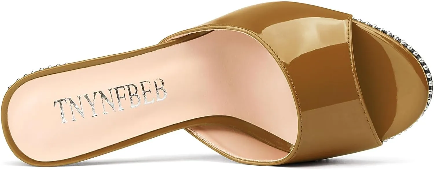 TNYNFBEB Womens Stiletto High Heel Peep Open Toe Sandals Mules Shoes Slingback Slip-on Silver Beaded Prom Party Dress Patent Leather 3.9 Inches Heels
