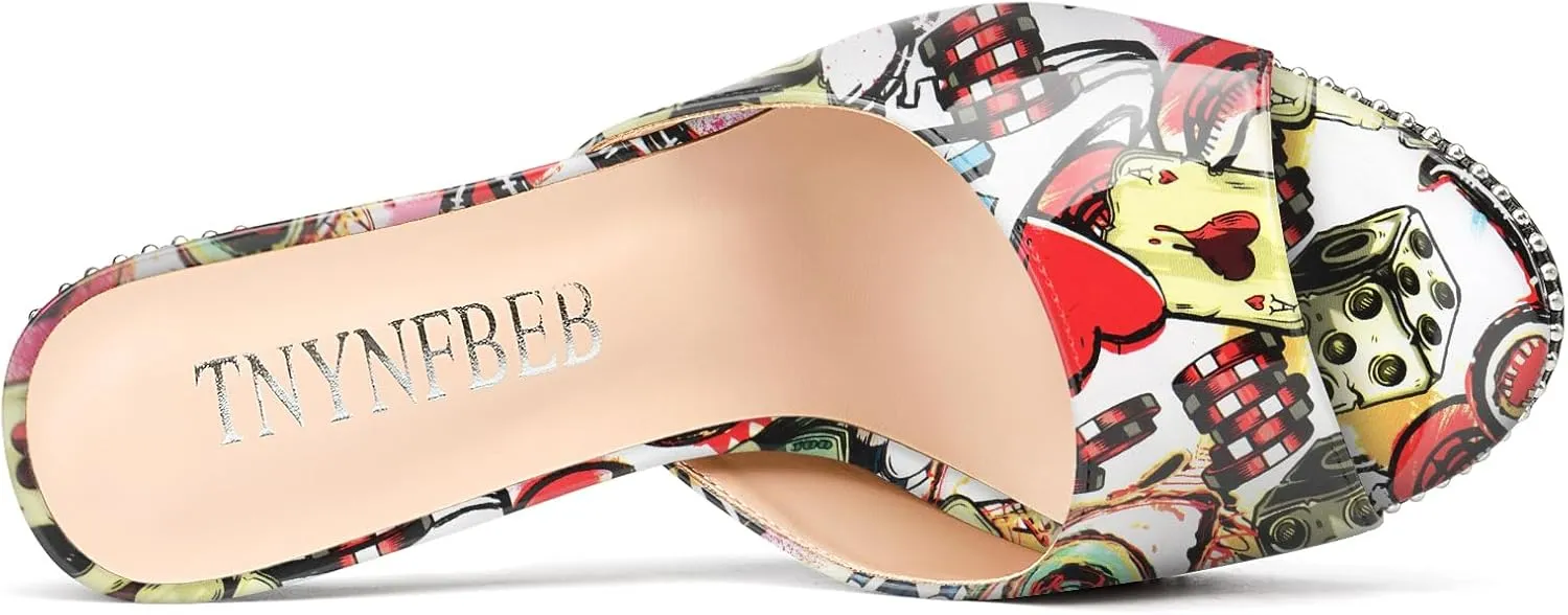 TNYNFBEB Womens Stiletto High Heel Peep Open Toe Sandals Mules Shoes Slingback Slip-on Silver Beaded Prom Party Dress Patent Leather 3.9 Inches Heels