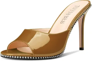 TNYNFBEB Womens Stiletto High Heel Peep Open Toe Sandals Mules Shoes Slingback Slip-on Silver Beaded Prom Party Dress Patent Leather 3.9 Inches Heels