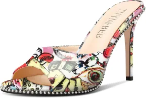 TNYNFBEB Womens Stiletto High Heel Peep Open Toe Sandals Mules Shoes Slingback Slip-on Silver Beaded Prom Party Dress Patent Leather 3.9 Inches Heels