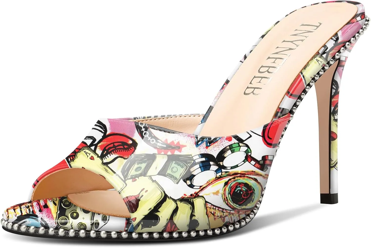 TNYNFBEB Womens Stiletto High Heel Peep Open Toe Sandals Mules Shoes Slingback Slip-on Silver Beaded Prom Party Dress Patent Leather 3.9 Inches Heels
