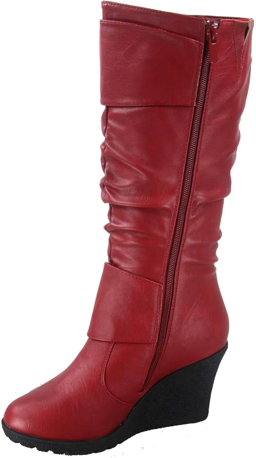TOP Moda Pure-65 Women's Fashion Round Toe Slouch Buckle Wedge Mid Calf Boot Shoes