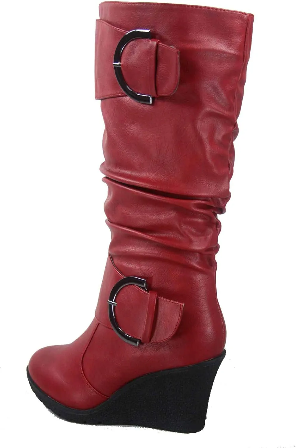 TOP Moda Pure-65 Women's Fashion Round Toe Slouch Buckle Wedge Mid Calf Boot Shoes