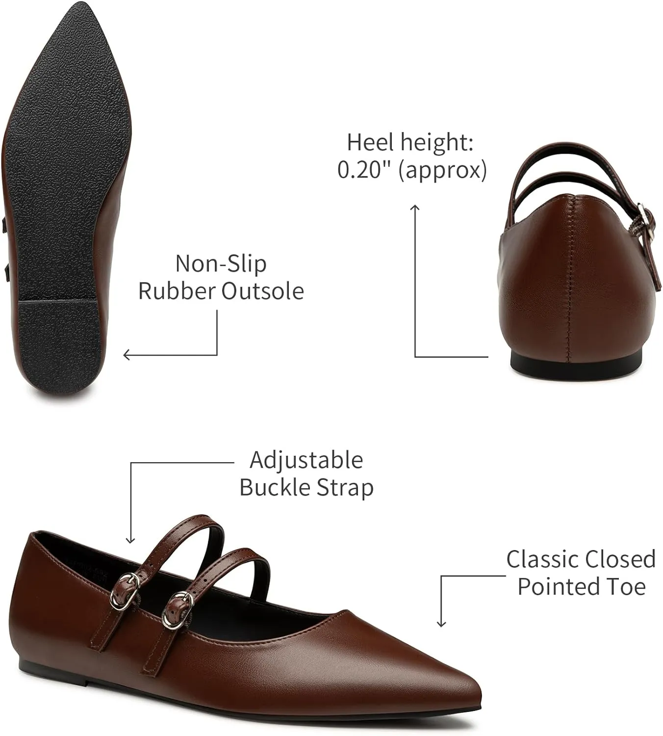 Trary Flats for Women Closed Pointed Toe Mary Jane Shoes Women Comfortable Slip on Ballet Flats Dressy Shoes Adjustable Strap PU Leather Mary Janes Loafers