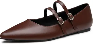 Trary Flats for Women Closed Pointed Toe Mary Jane Shoes Women Comfortable Slip on Ballet Flats Dressy Shoes Adjustable Strap PU Leather Mary Janes Loafers