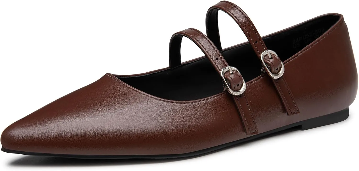 Trary Flats for Women Closed Pointed Toe Mary Jane Shoes Women Comfortable Slip on Ballet Flats Dressy Shoes Adjustable Strap PU Leather Mary Janes Loafers