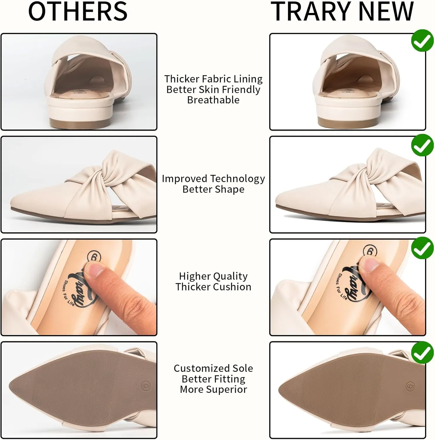 Trary Womens Mules Flats Closed Pointed Toe Comfortable Slip on Backless Loafer Shoes for Women with Knot